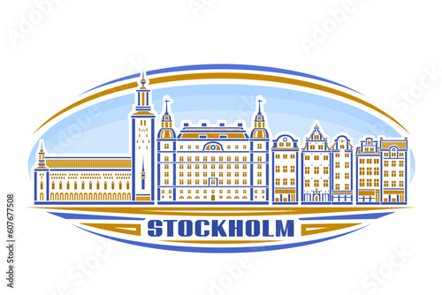 Vector illustration of Stockholm, horizontal oval label with linear design historic stockholm city scape on day sky background, urban line art concept with decorative lettering for blue text stockholm