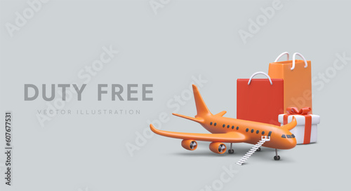 Realistic 3d gift box and plane ready for passengers. Advertising web page for airlines. Shopping before flight and aboard concept. Vector illustration in orange colors with blue background