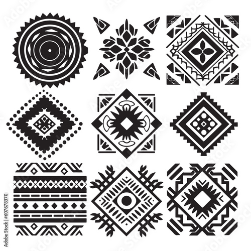 set of nine black shapes, ornate rhombus, black on white background