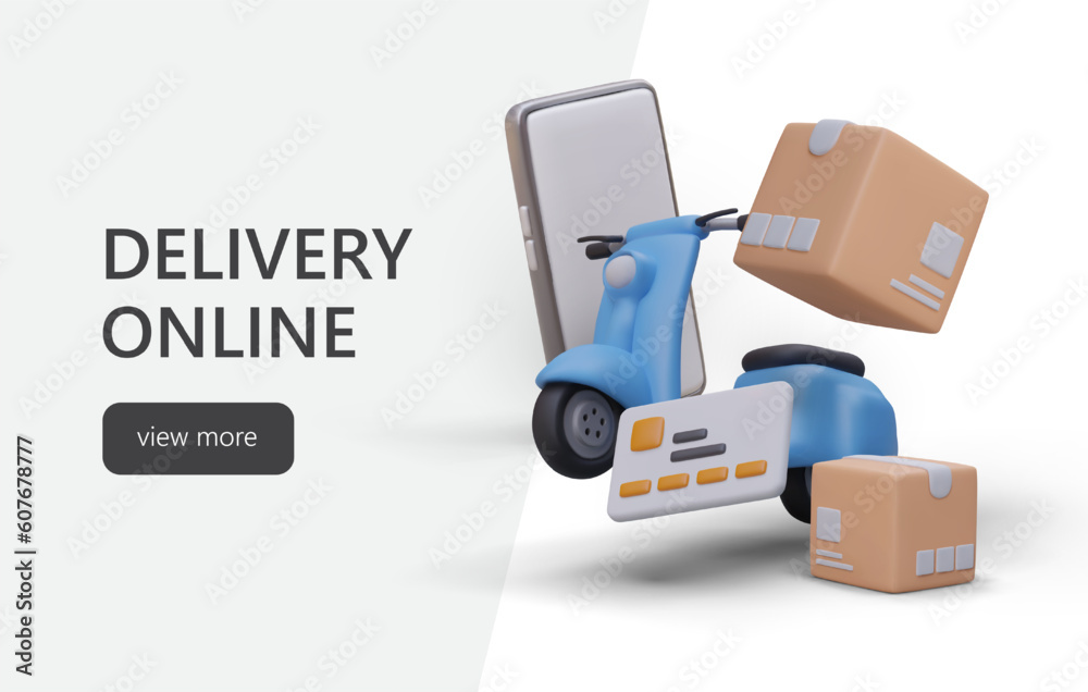 Electric scooter is in hurry to deliver boxes. Phone app for ordering courier services. Delivery from favorite store, restaurant, post office. Advertising template with realistic illustration, text Electric scooter is in hurry to deliver boxes. Phone app for ordering courier services. Delivery from favorite store, restaurant, post office. Advertising template with realistic illustration, text