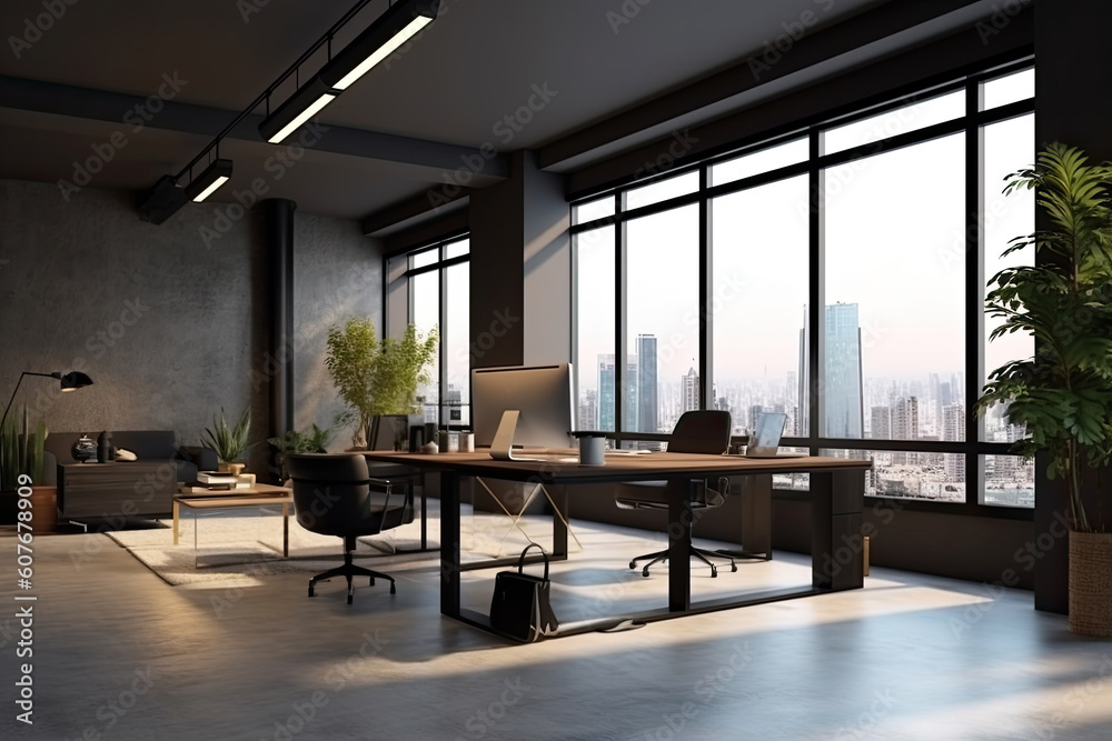 Modern office interior with panoramic window and city view Modern office interior with panoramic window and city view