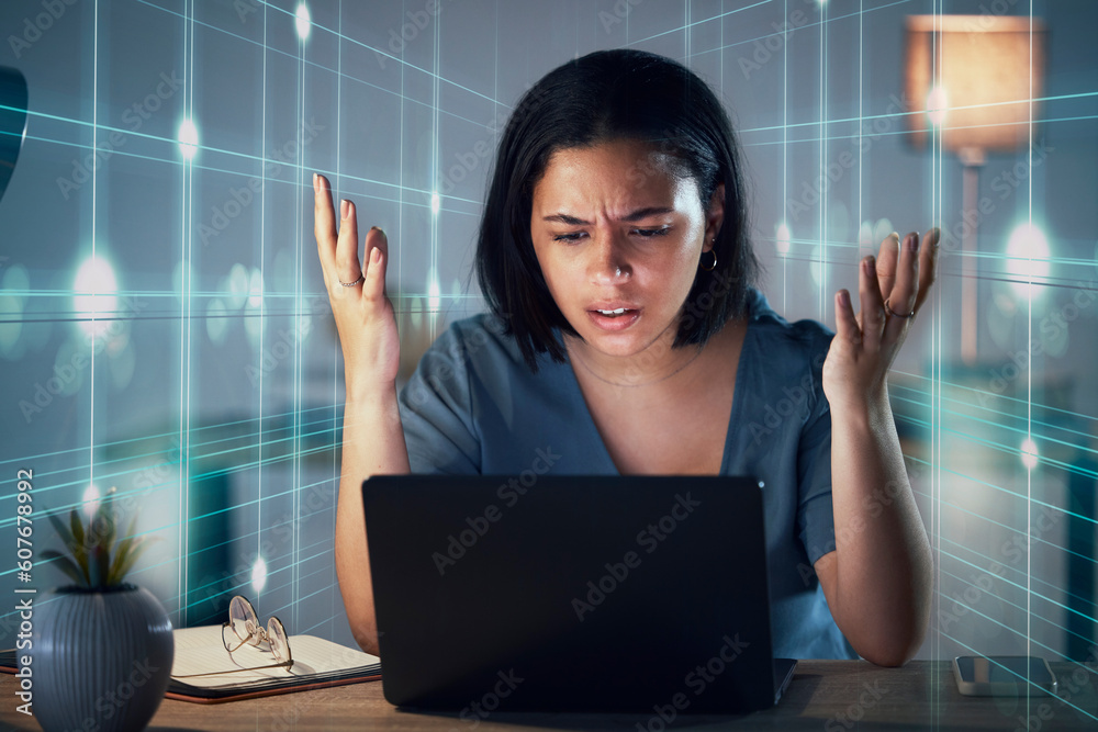 © Sharne T/peopleimages.com - Woman, laptop and stress in office with hologram, night or angry at glitch, 404 error and information technology job. IT expert, anxiety and problem in dark workplace, computer and frustrated face