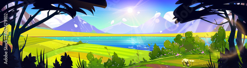 Spring mountain nature and green field vector landscape illustration. Summer hill cartoon scenery with lake, cloud and flower. Sunny rural village valley near river and pasture farmland backdrop.