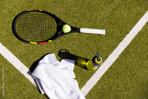 High angle view tennis racket with ball, water bottle and napkin over grassy field in tennis court
