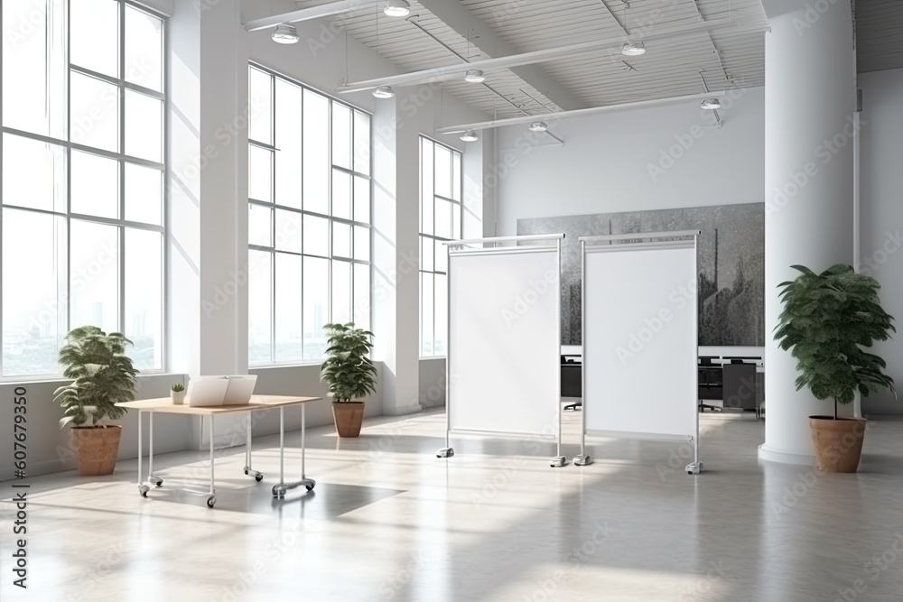 Fototapeta premium Modern office interior with empty banner and city view. Mock up
