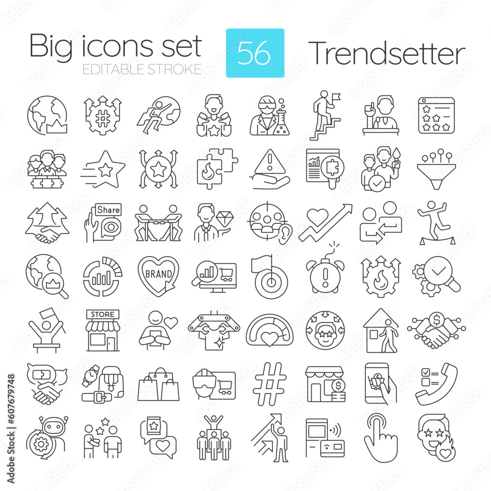 Trendsetter linear icons set. New trend. Predictive analytics. Innovative solution. Creative thinking. Customizable thin line symbols. Isolated vector outline illustrations. Editable stroke