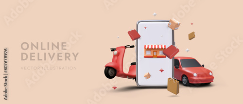 Cartoon 3d smartphone with red scooter and car. Shopping online in supermarket, ordering fast delivery via mobile phone. Vector illustration in red colors with warm background