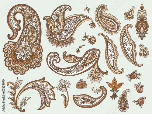 Set of Vector Paisley Materials on green background