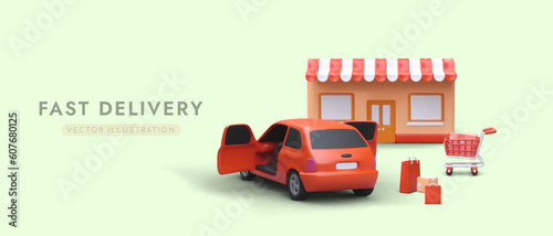 Fast delivery. Car courier services. Transportation of purchases to buyer home. 3D advertising on colored background. Easy and pleasant shopping. Realistic car, shop, paper bags, cart