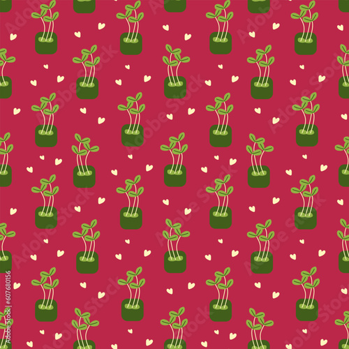 Seamless pattern of microgreen shoots with hearts on a red background. Vector illustration for decoration, postcards, print, fabric