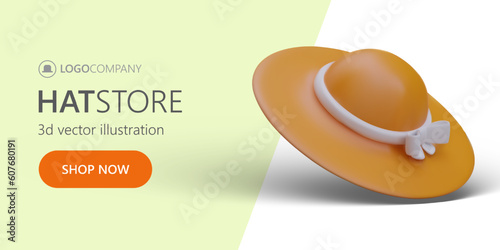 3d realistic hat and orange button shop now. Horizontal web page for online store, sale hats and headwear. Colorful vector illustration in cartoon style with green background
