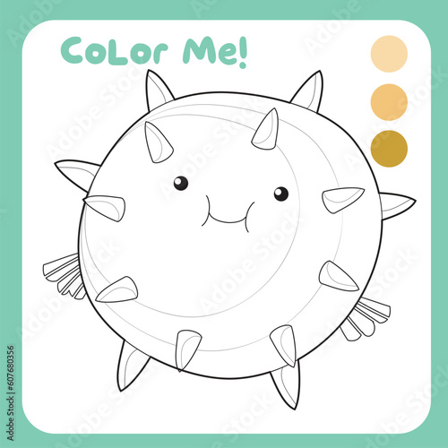 Coloring a pufferfish the sea animal. Coloring sea animals worksheet. Coloring activity for preschool and kindergarten children. Printable educational printable coloring worksheet. Vector file.