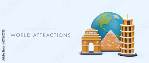 Travels to famous world architectural buildings. Flights and trips around world. Horizontal poster for travel services website. Web design with 3D illustration