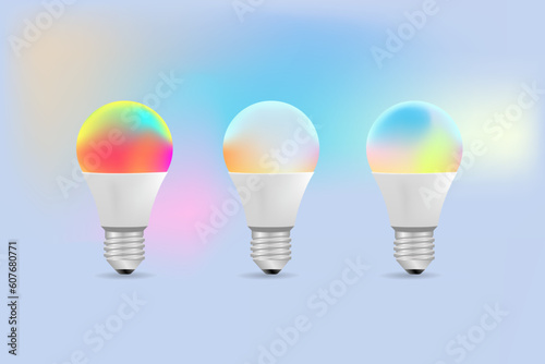 illustration of several choices of colorful smart lightbulbs that can be changed in color with an android application for smart home elements
