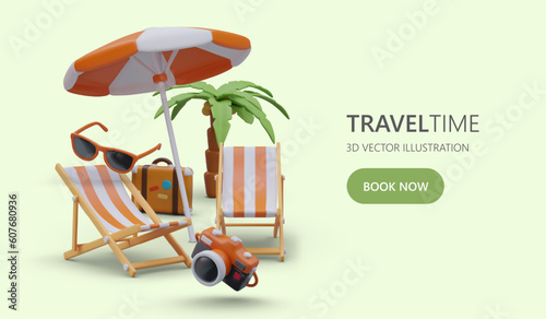 Book romantic tours for two. Pleasant rest, vivid impressions, beautiful photos. Vector template with button and place for advertising text. Illustration of tropical resort with 3D objects