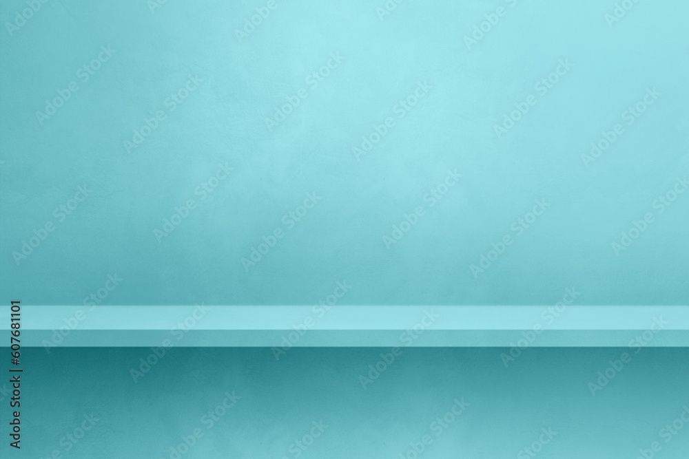 Empty shelf on an aqua blue concrete wall. Background template. Horizontal mockup Empty shelf on an aqua blue concrete wall. Background template. Horizontal mockup