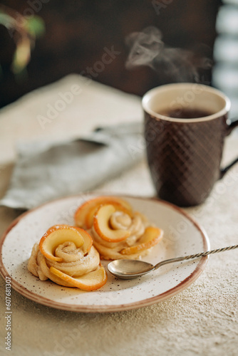 Tasty food sweet bakery pastry puff homemade cooking with cup of tea