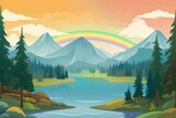 a river with a waterfall near the forest and mountains in the sky, a rainbow. beautiful nature. generative ai.