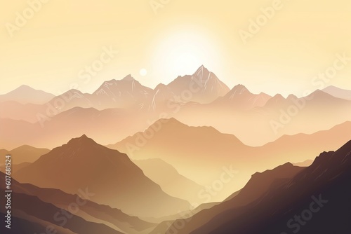 mountains in the morning fog at sunrise in warm tones. generative ai.
