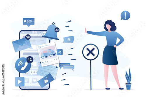 Social network fatigue, addiction. Young woman stop sharing and using media content. Various apps and notifications on smartphone screen. Dependence on gadgets.