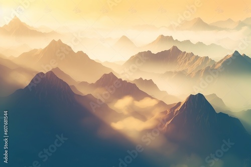 mountains in the morning fog at sunrise in warm tones. generative ai.
