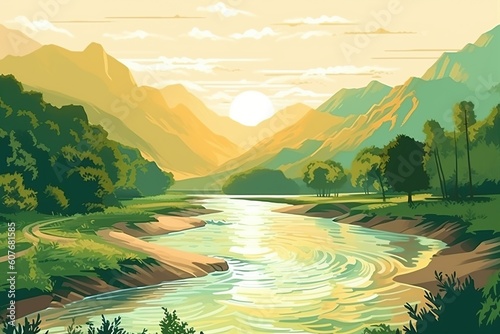 river flows near green meadows and trees near mountains at sunrise. generative ai.