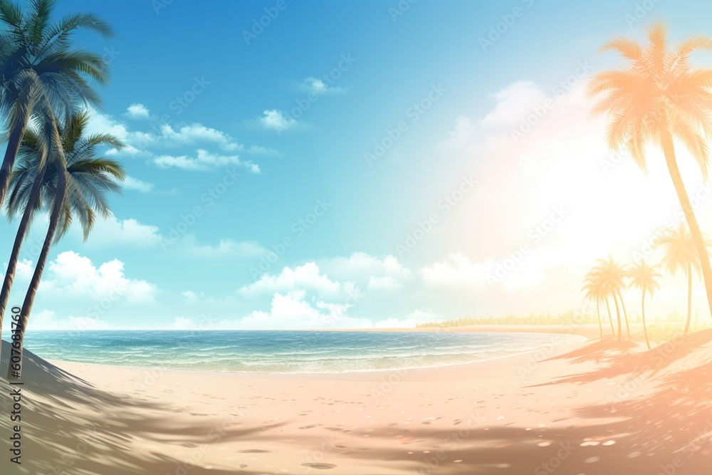 sandy beach with palm trees near the ocean in the rays of the sun. The concept of summer. generative ai. sandy beach with palm trees near the ocean in the rays of the sun. The concept of summer. generative ai.