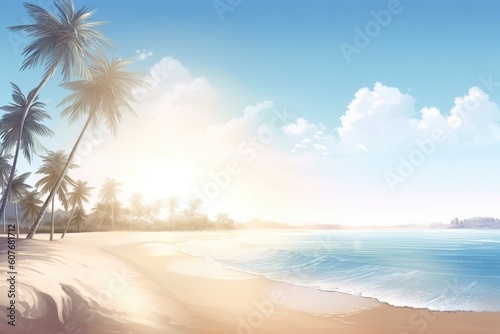 sandy beach with palm trees near the ocean in the rays of the sun. The concept of summer. generative ai.