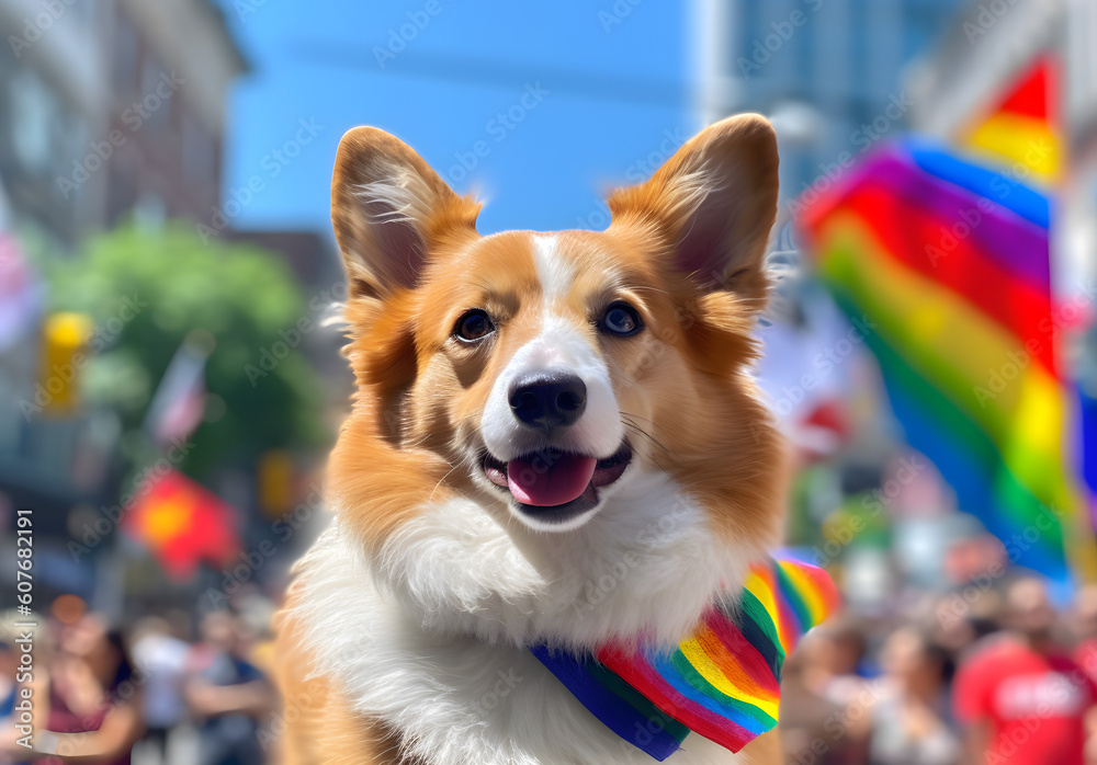 Corgi dog in pride parade. Concept of LGBTQ pride. AI generated
