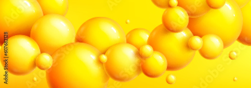 Abstract background with 3d spheres, plastic balls. Poster, banner template with pattern of flying glossy yellow bubbles. Creative wallpaper with circle objects, vector realistic illustration
