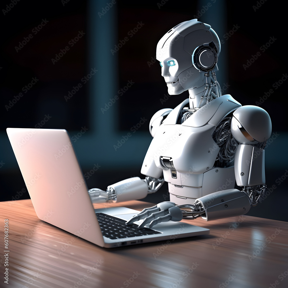 Futuristic robot using computer laptop. AI generated Futuristic robot using computer laptop. AI generated