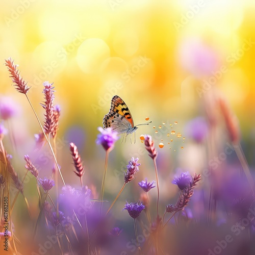 Wild flowers of clover and butterfly in a meadow in nature in the rays of sunlight in summer in the spring close-up of a macro. A picturesque colorful artistic image with a soft focus. #607682580