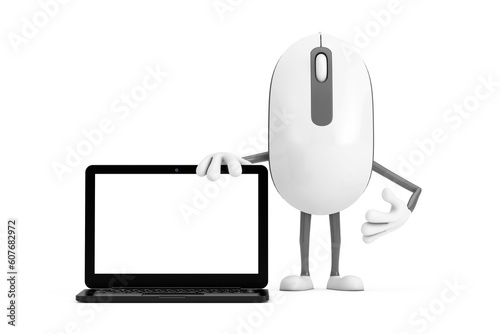 Computer Mouse Cartoon Person Character Mascot with Modern Laptop Computer Notebook and Blank Screen for Your Design. 3d Rendering