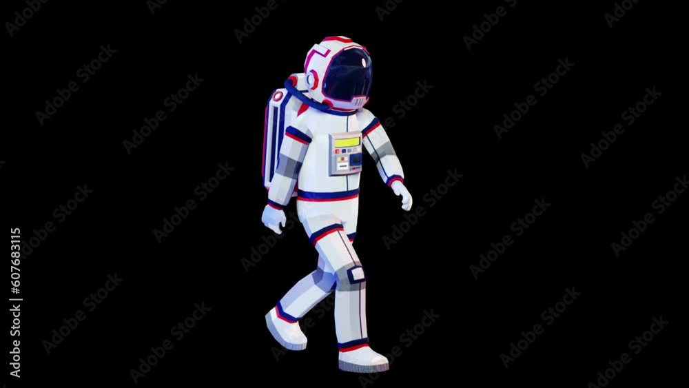 3D astronaut in a spacesuit walking. Astronaut stylized in low-poly. Looping animation with alpha channel. 3D astronaut in a spacesuit walking. Astronaut stylized in low-poly. Looping animation with alpha channel.