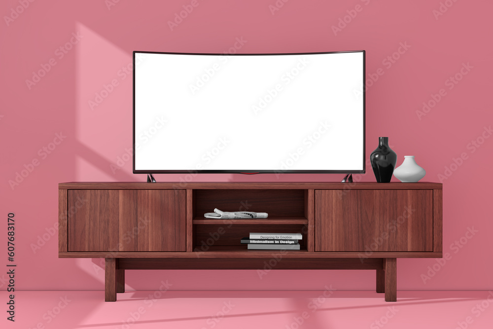 Modern Curved Led or LCD Smart TV Screen Mockup above Wooden Console Rack. 3d Rendering Modern Curved Led or LCD Smart TV Screen Mockup above Wooden Console Rack. 3d Rendering
