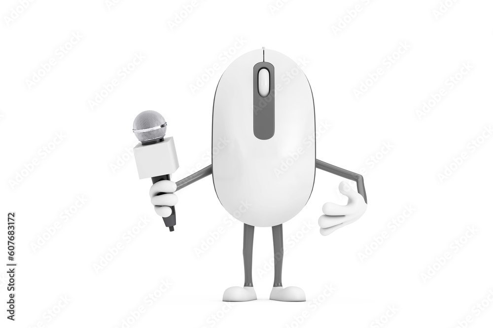 Computer Mouse Cartoon Person Character Mascot with Modern Chrome Microphone. 3d Rendering Computer Mouse Cartoon Person Character Mascot with Modern Chrome Microphone. 3d Rendering