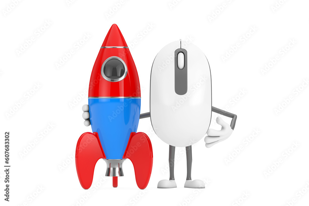 Computer Mouse Cartoon Person Character Mascot with Cartoon Toy Rocket. 3d Rendering Computer Mouse Cartoon Person Character Mascot with Cartoon Toy Rocket. 3d Rendering