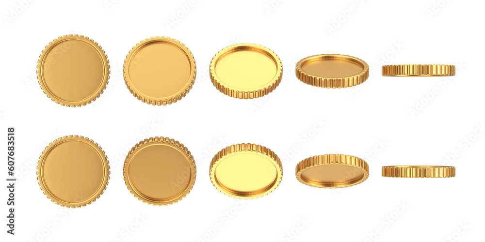 Abstract Cartoon Golden Blank Coin Web Icon Sign in Different Position. 3d Rendering Abstract Cartoon Golden Blank Coin Web Icon Sign in Different Position. 3d Rendering