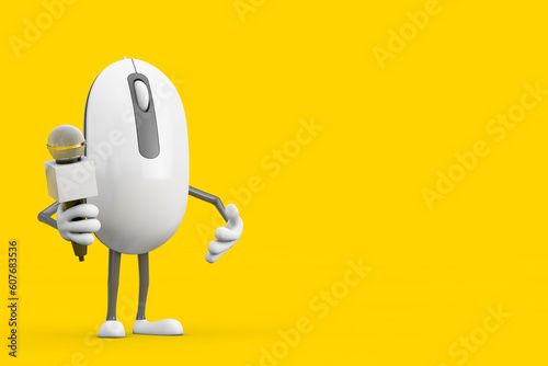 Computer Mouse Cartoon Person Character Mascot with Modern Chrome Microphone. 3d Rendering