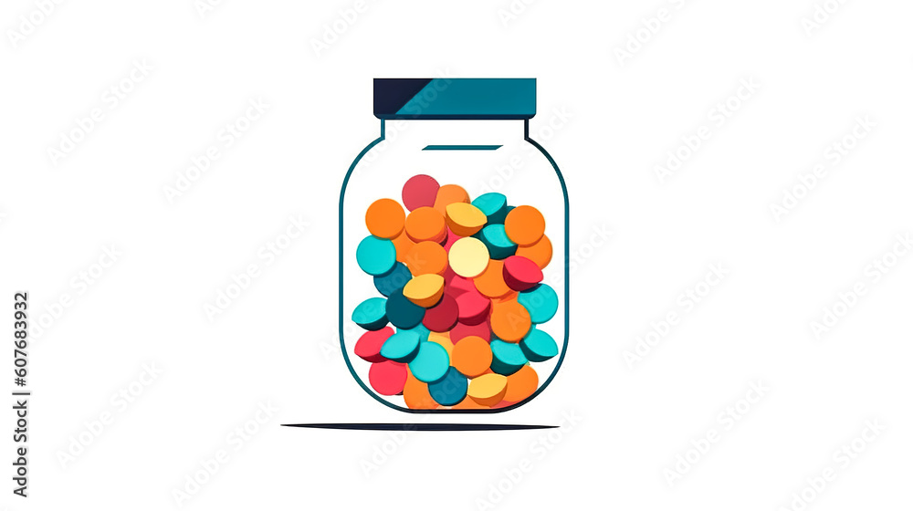 Multi-colored capsules in a jar, generative AI. Multi-colored capsules in a jar, generative AI.
