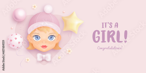 Baby shower horizontal banner, invitation or greeting card with cartoon girl and helium balloons on pink background. It's a girl. Vector illustration