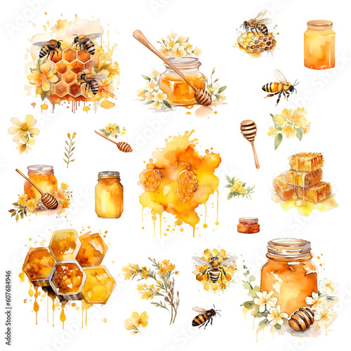 Honey product set, bees and honey, honey seamless pattern