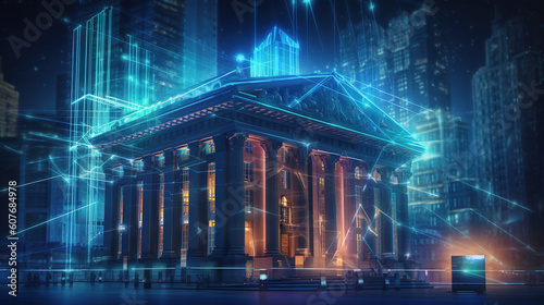 A bank building with digital glowing lines and hologram effects around it, big banks trading concept generative AI photo