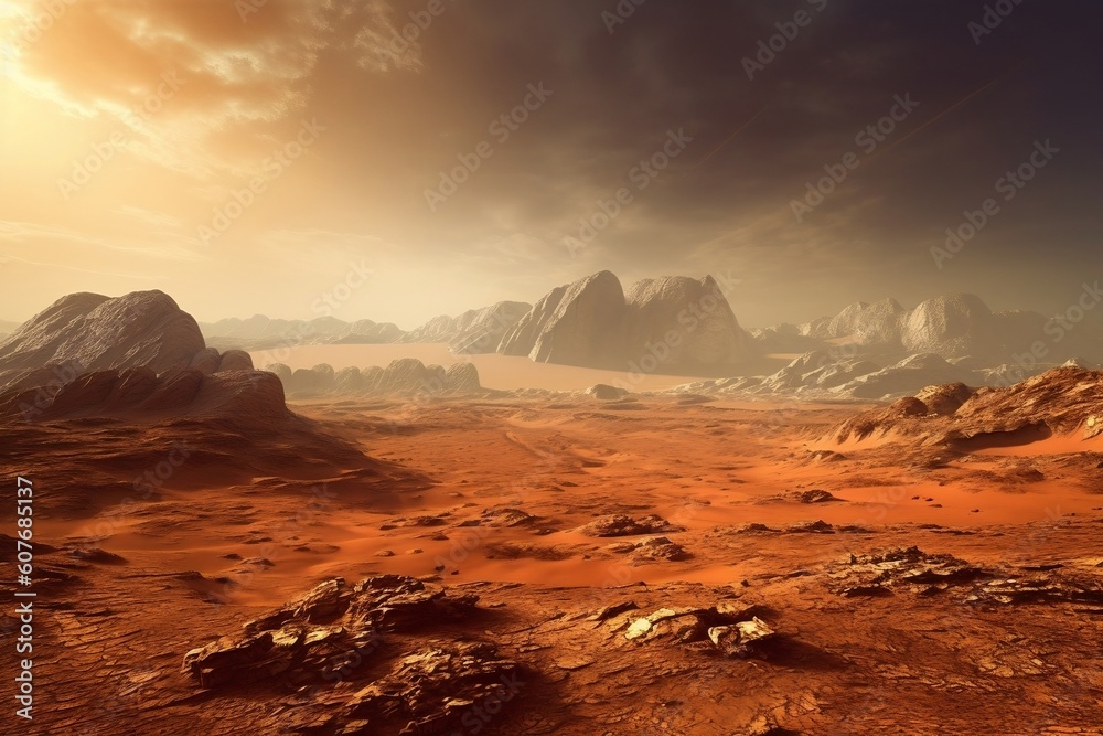 Red planet Mars - desert and mountain landscape. AI