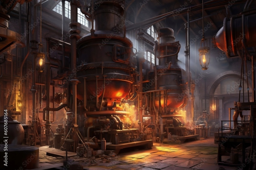 Factory of the Industrial Revolution: Iron Forges and Steam Engines. AI