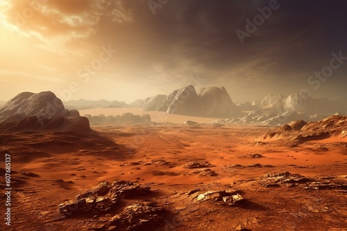 Red planet Mars - desert and mountain landscape. AI