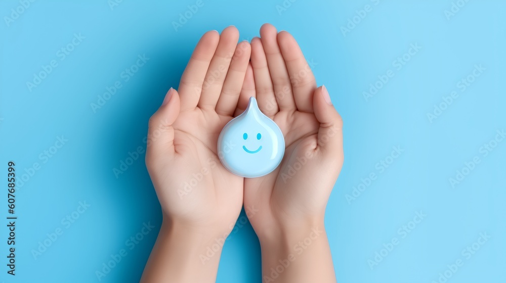 Naklejka premium The concept of water conservation, importance of preserving this vital resource. Promoting responsible use and sustainability. Hands holding smiling water droplet symbol. Generative AI