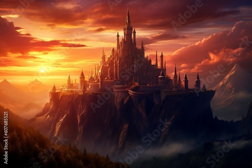 Castle atop mountain with sunset backdrop. AI