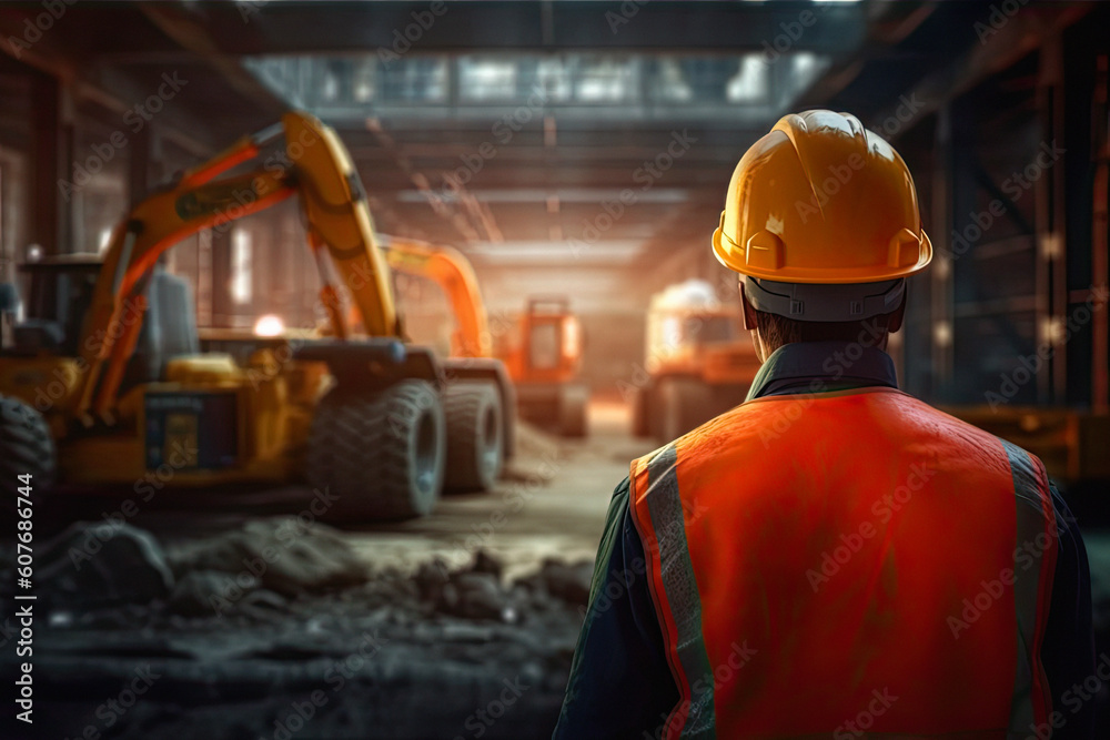 back of the construction worker head which is wearing the orange safety helmet. ai generative back of the construction worker head which is wearing the orange safety helmet. ai generative
