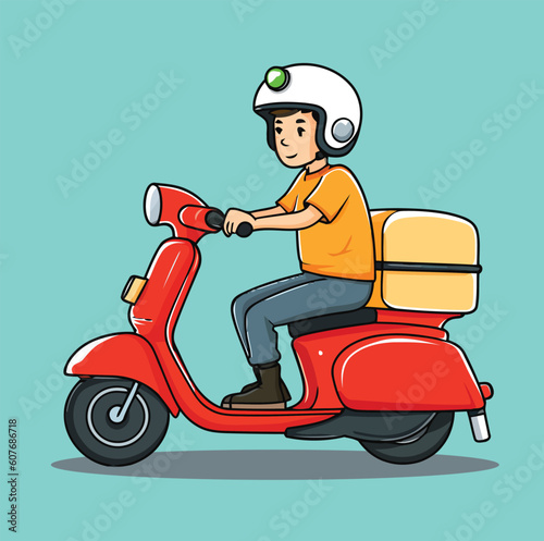 Delivery Man with Scooter Vector Hand Drawn Illustration